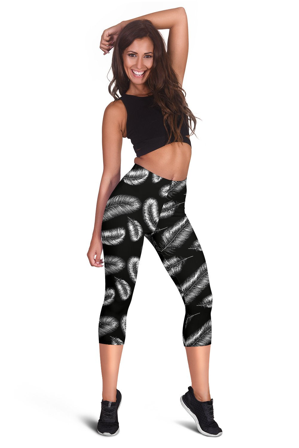 Feather Black White Design Print Women Capris