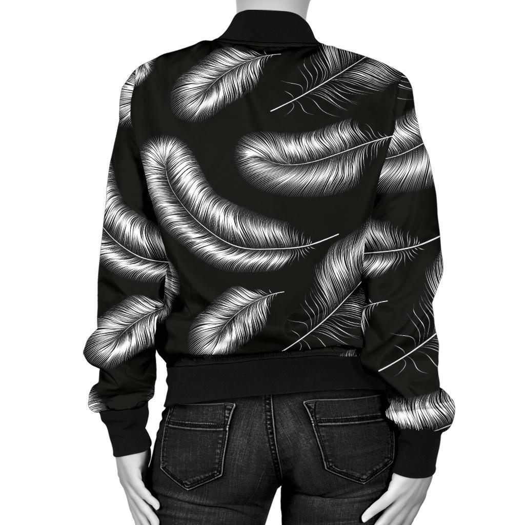 Feather Black White Design Print Women Casual Bomber Jacket