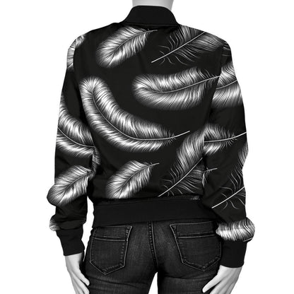 Feather Black White Design Print Women Casual Bomber Jacket