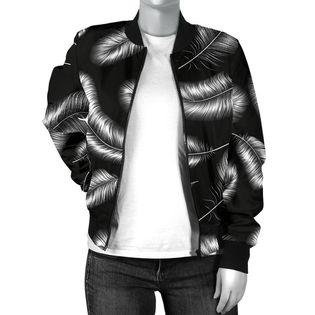 Feather Black White Design Print Women Casual Bomber Jacket