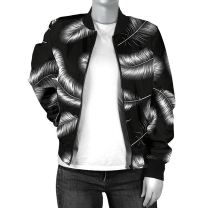 Feather Black White Design Print Women Casual Bomber Jacket