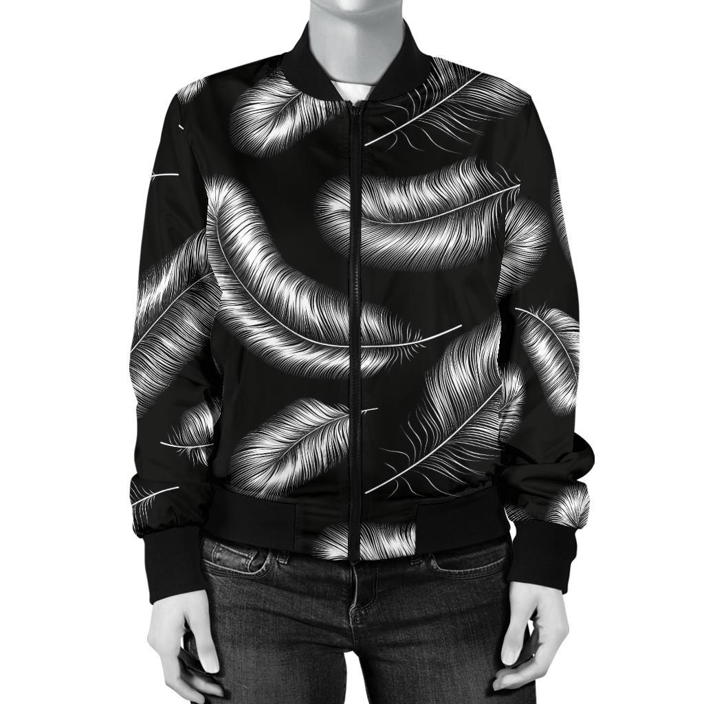 Feather Black White Design Print Women Casual Bomber Jacket