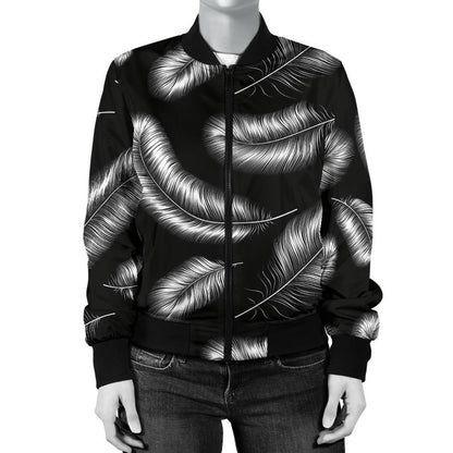 Feather Black White Design Print Women Casual Bomber Jacket