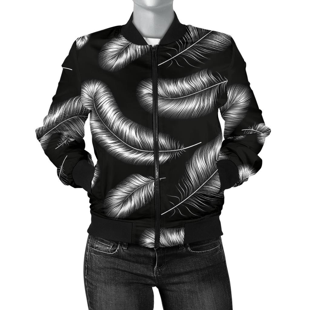 Feather Black White Design Print Women Casual Bomber Jacket