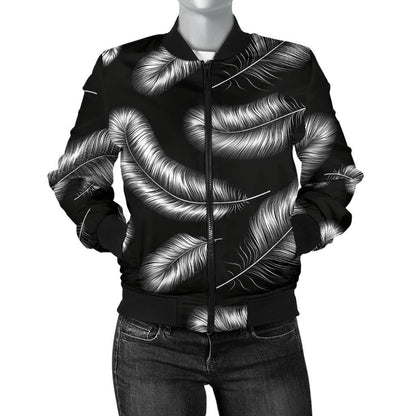 Feather Black White Design Print Women Casual Bomber Jacket