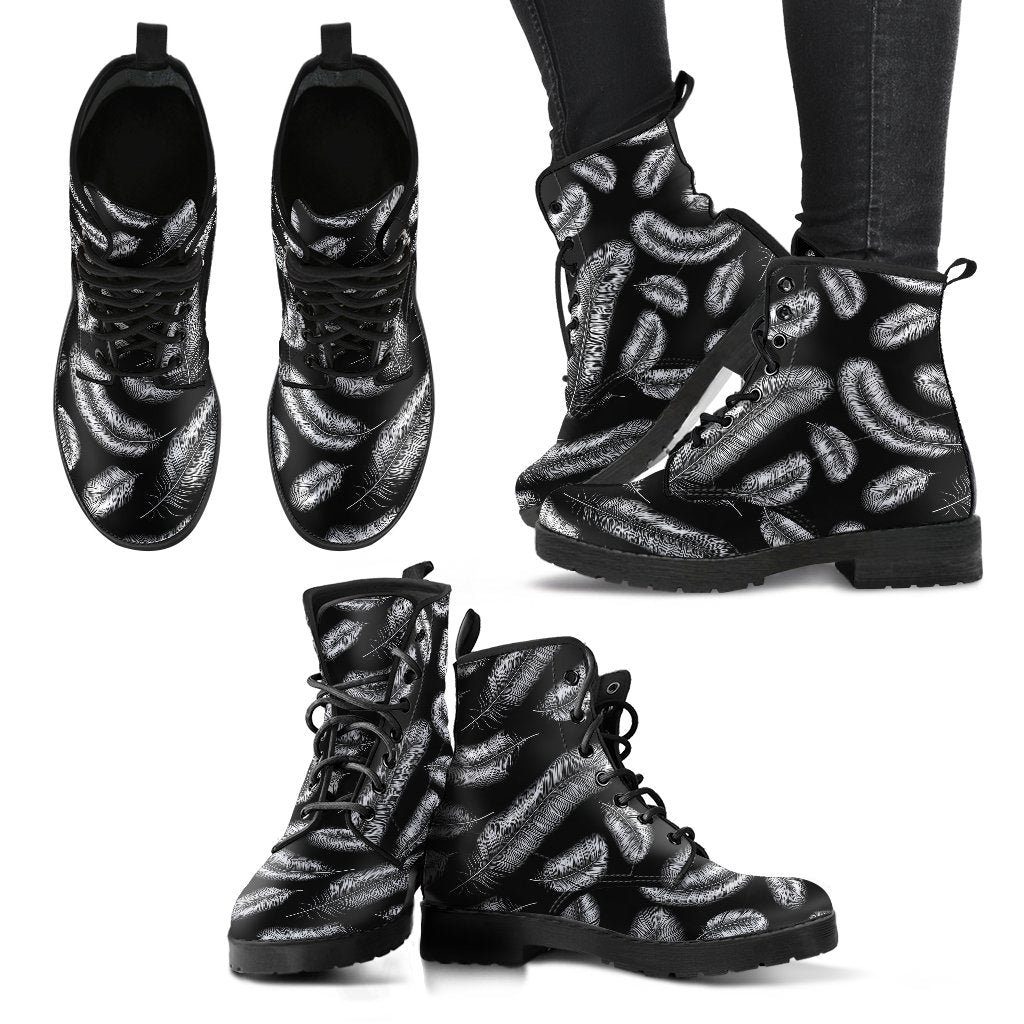 Feather Black White Design Print Women Leather Boots-JTAMIGO.COM