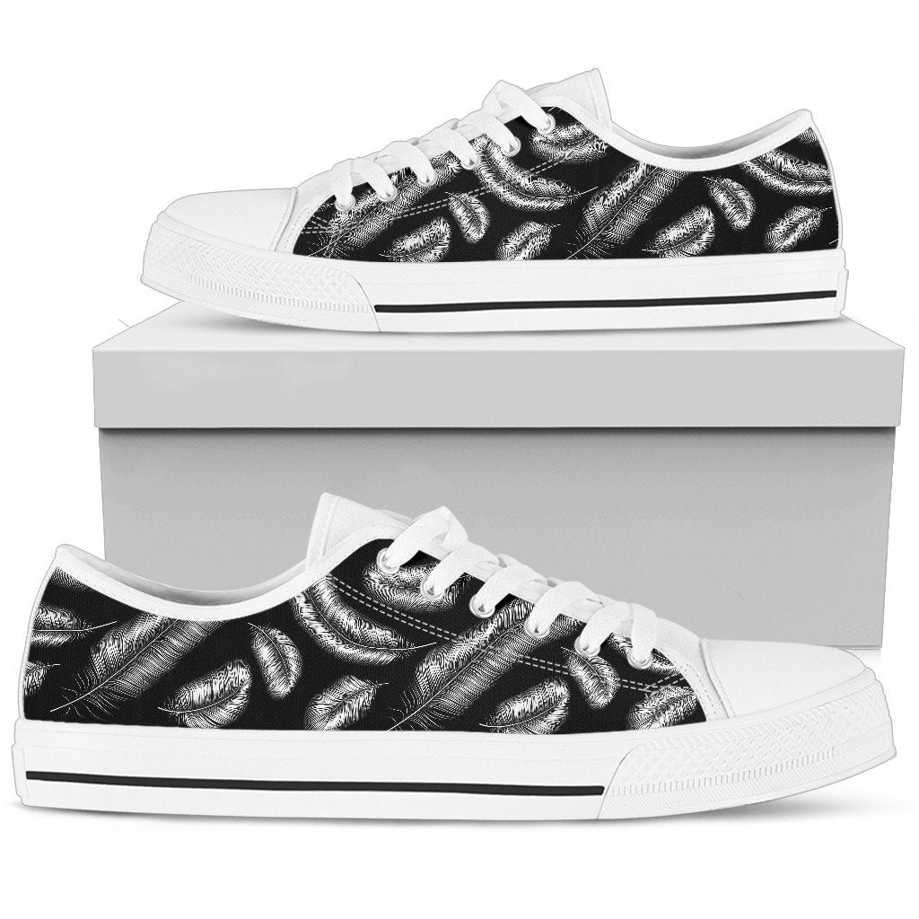 Feather Black White Design Print Women Low Top Shoes