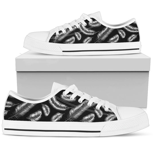 Feather Black White Design Print Women Low Top Shoes