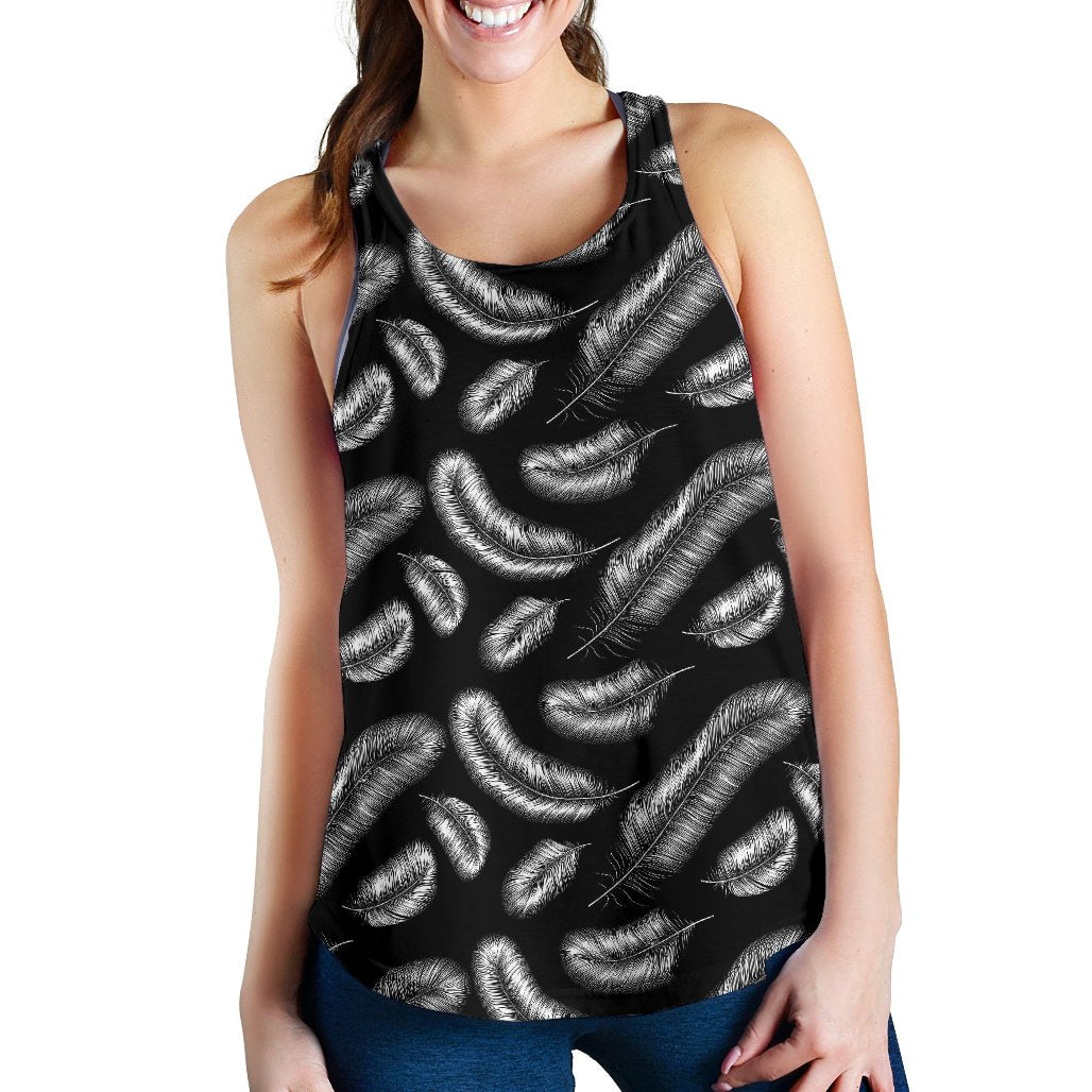 Feather Black White Design Print Women Racerback Tank Top