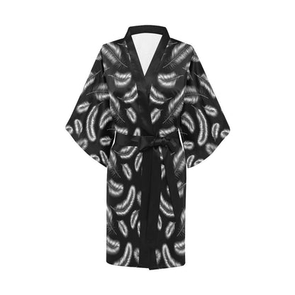Feather Black White Design Print Women Short Kimono Robe