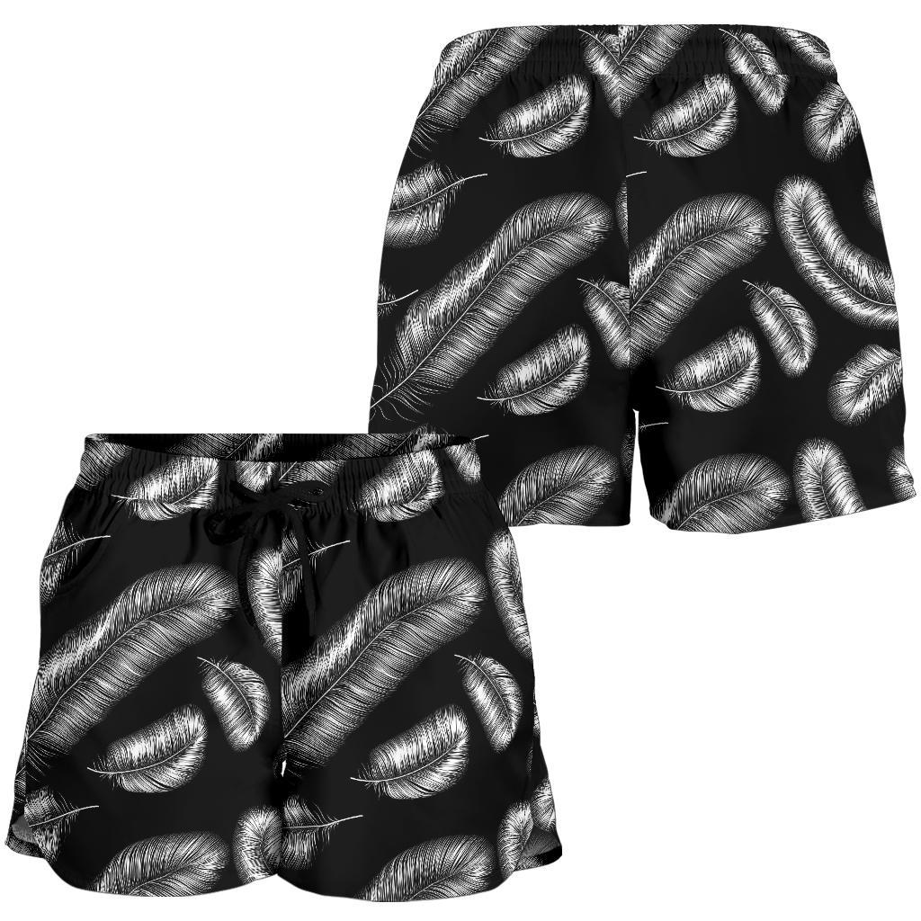 Feather Black White Design Print Women Shorts-JTAMIGO.COM