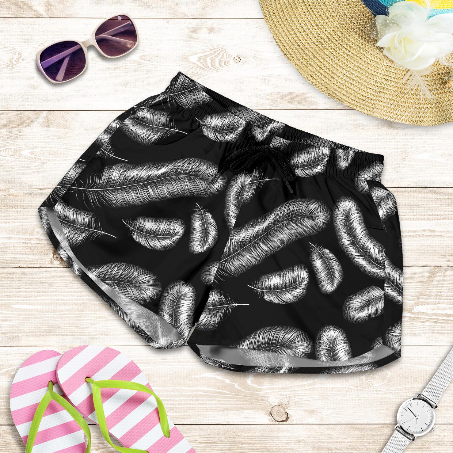 Feather Black White Design Print Women Shorts-JTAMIGO.COM