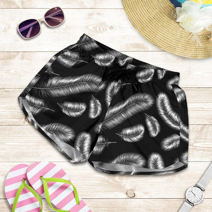 Feather Black White Design Print Women Shorts-JTAMIGO.COM
