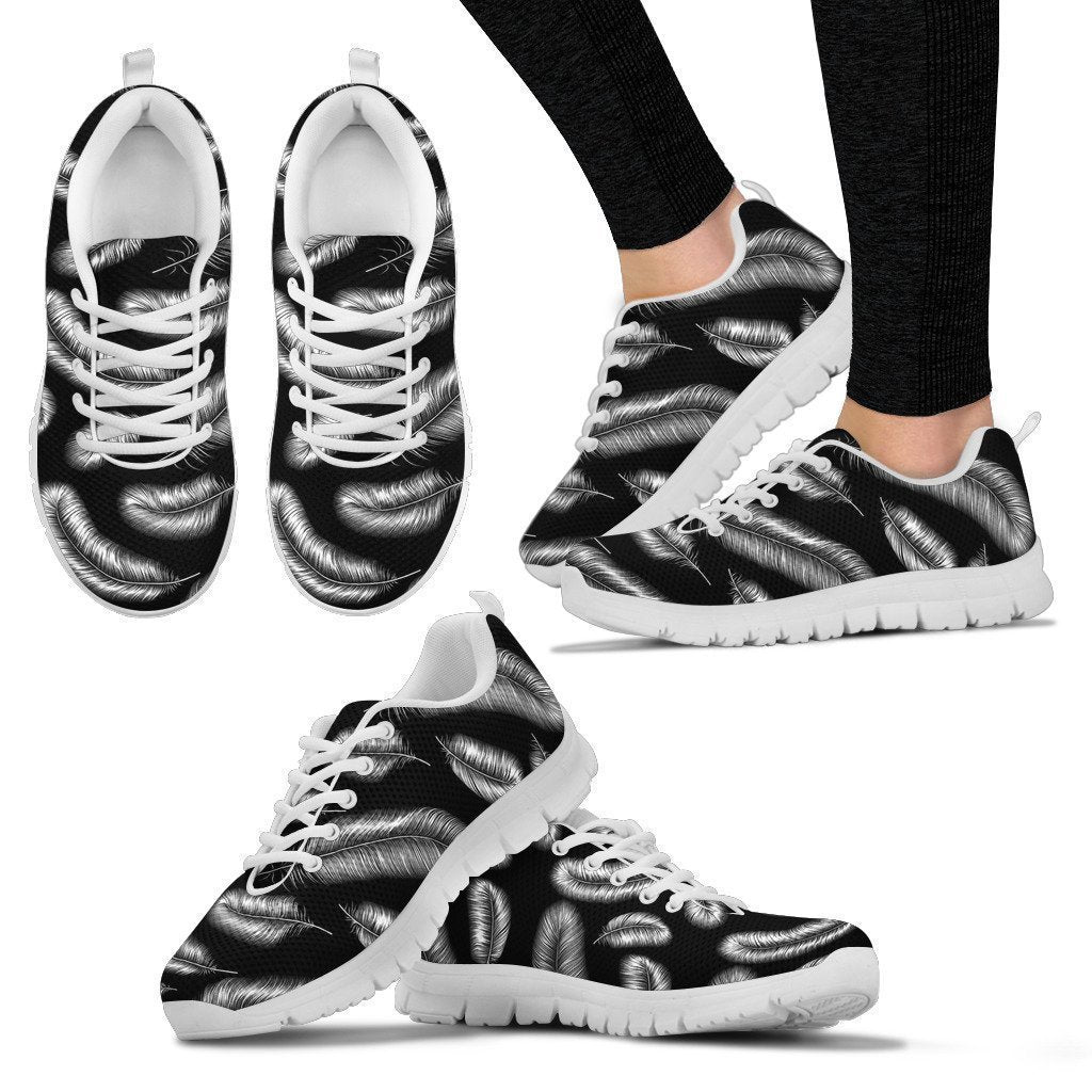 Feather Black White Design Print Women Sneakers Shoes