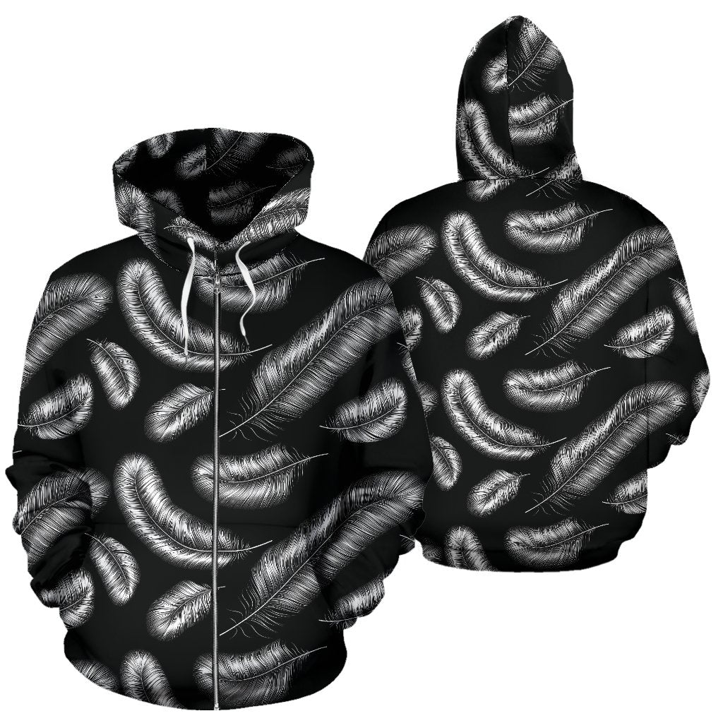 Feather Black White Design Print Zip Up Hoodie