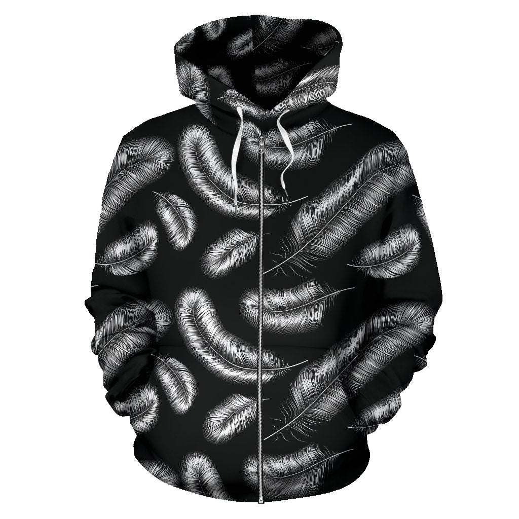 Feather Black White Design Print Zip Up Hoodie