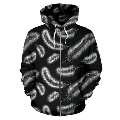 Feather Black White Design Print Zip Up Hoodie