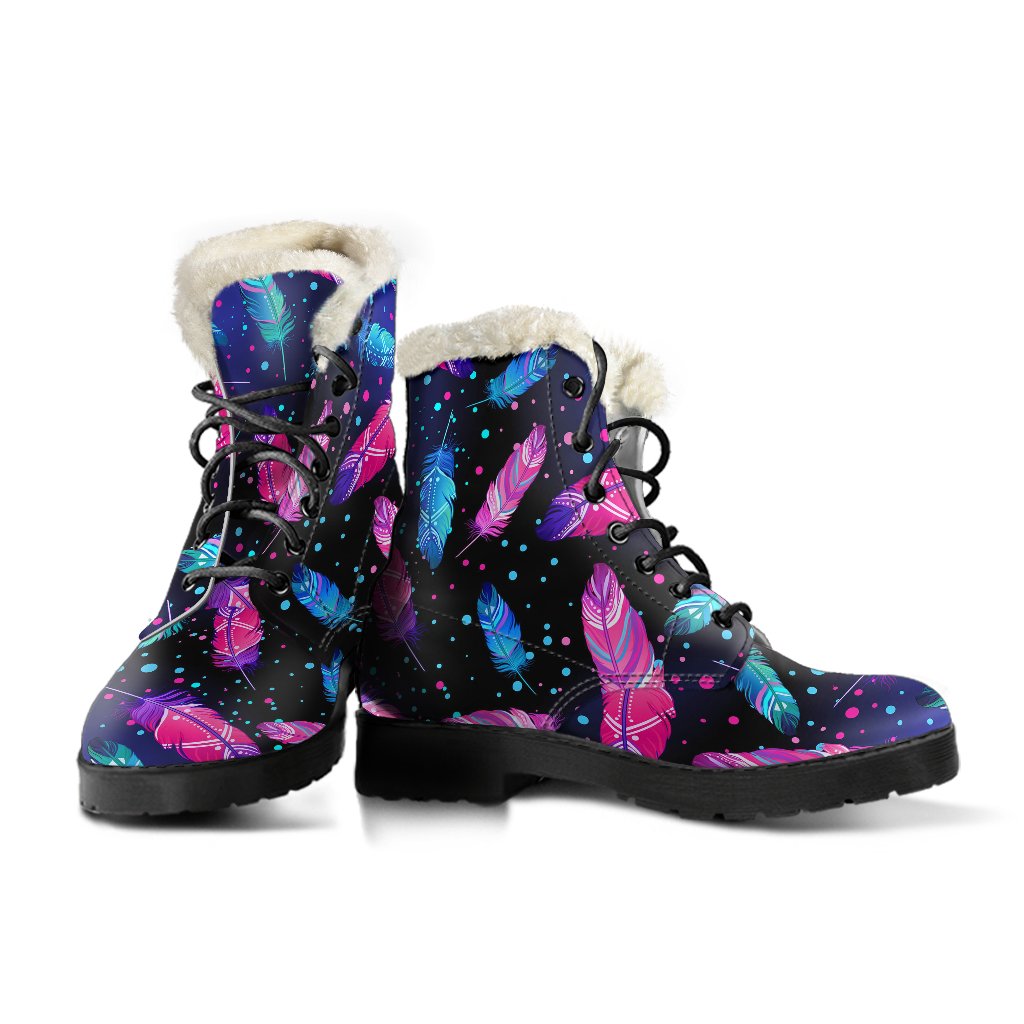 Feather Colorful Boho Design Print Faux Fur Leather Boots-JTAMIGO.COM