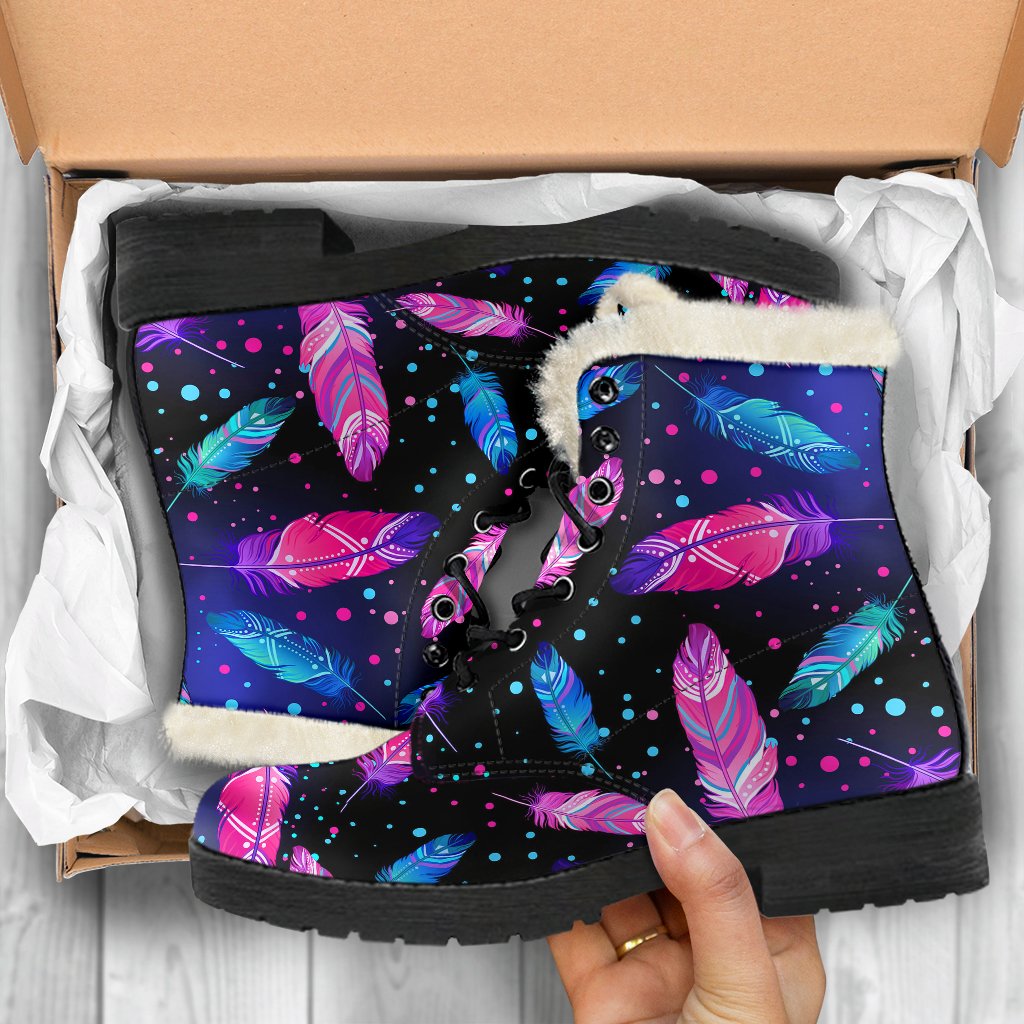 Feather Colorful Boho Design Print Faux Fur Leather Boots-JTAMIGO.COM