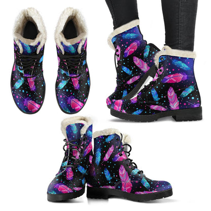 Feather Colorful Boho Design Print Faux Fur Leather Boots-JTAMIGO.COM