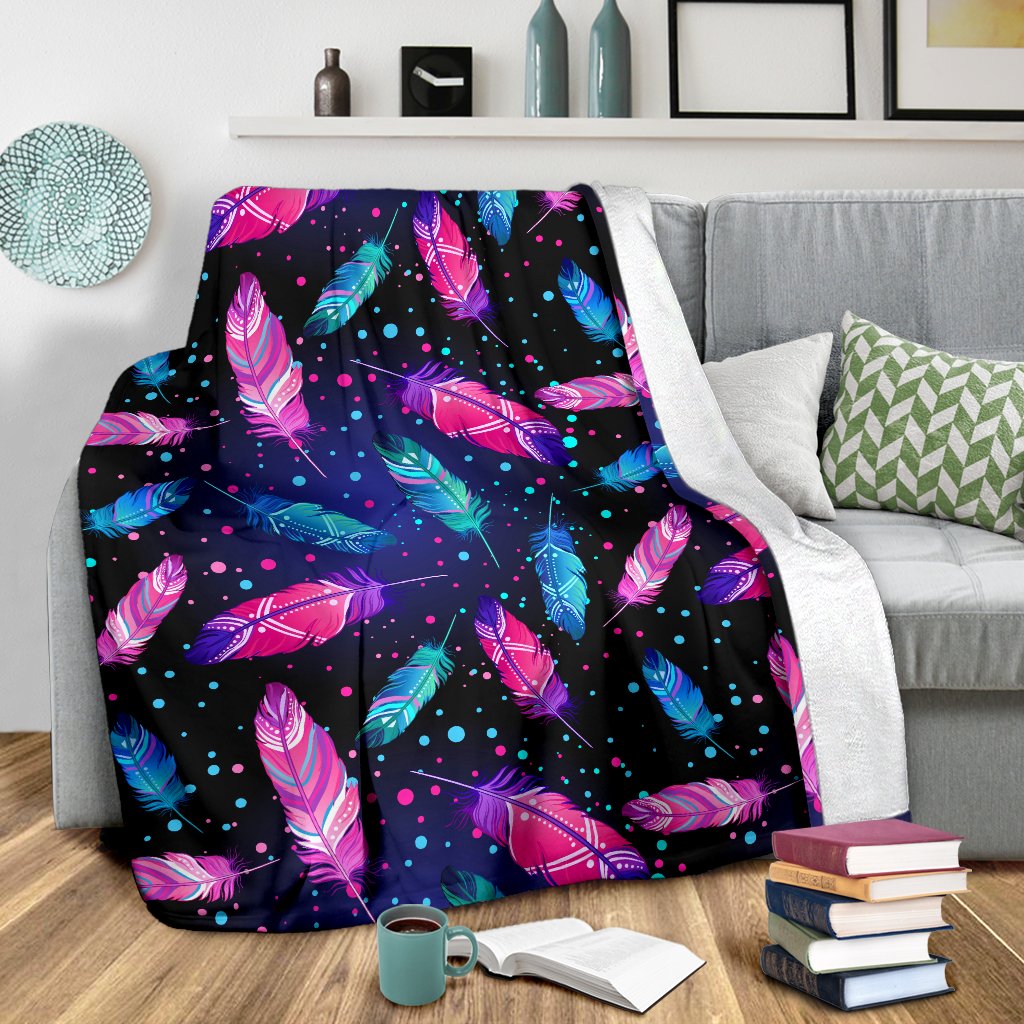 Feather Colorful Boho Design Print Fleece Blanket