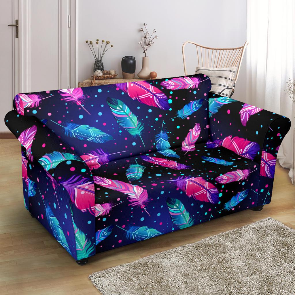 Feather Colorful Boho Design Print Loveseat Slipcover-JTAMIGO.COM