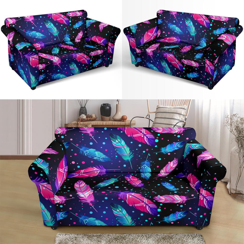 Feather Colorful Boho Design Print Loveseat Slipcover-JTAMIGO.COM