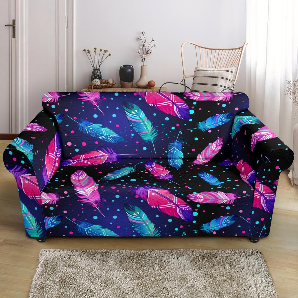 Feather Colorful Boho Design Print Loveseat Slipcover-JTAMIGO.COM
