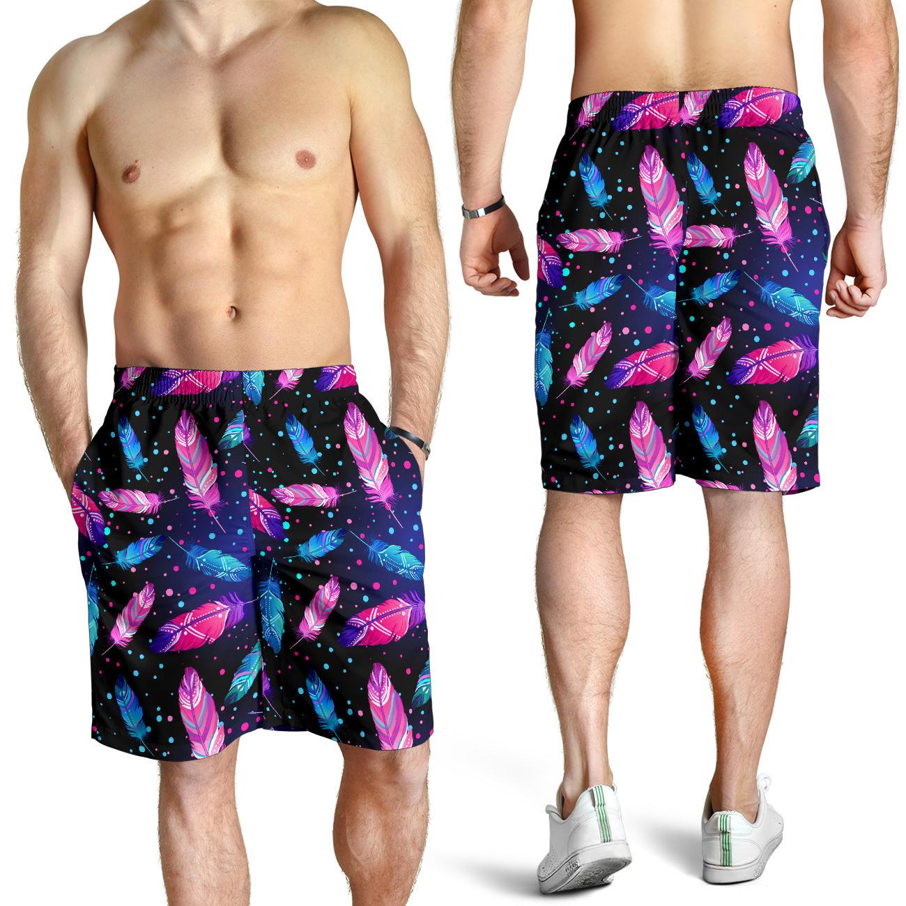 Feather Colorful Boho Design Print Mens Shorts-JTAMIGO.COM