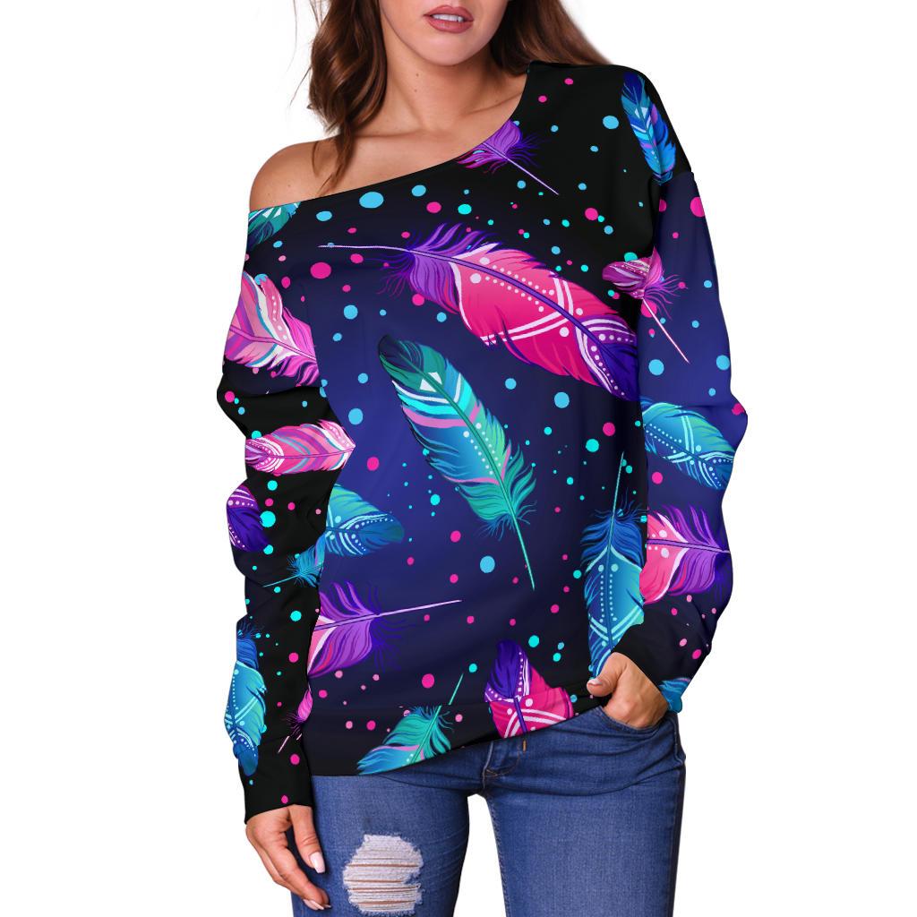 Feather Colorful Boho Design Print Off Shoulder Sweatshirt