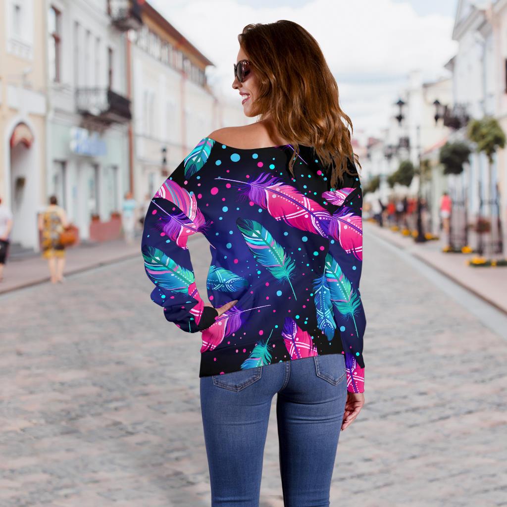 Feather Colorful Boho Design Print Off Shoulder Sweatshirt