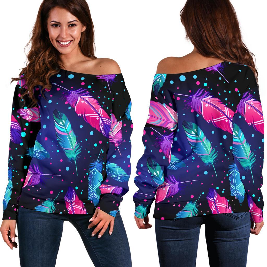 Feather Colorful Boho Design Print Off Shoulder Sweatshirt