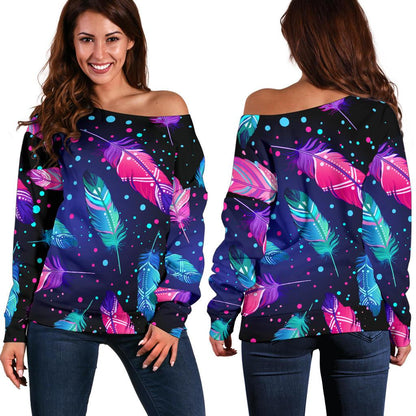 Feather Colorful Boho Design Print Off Shoulder Sweatshirt