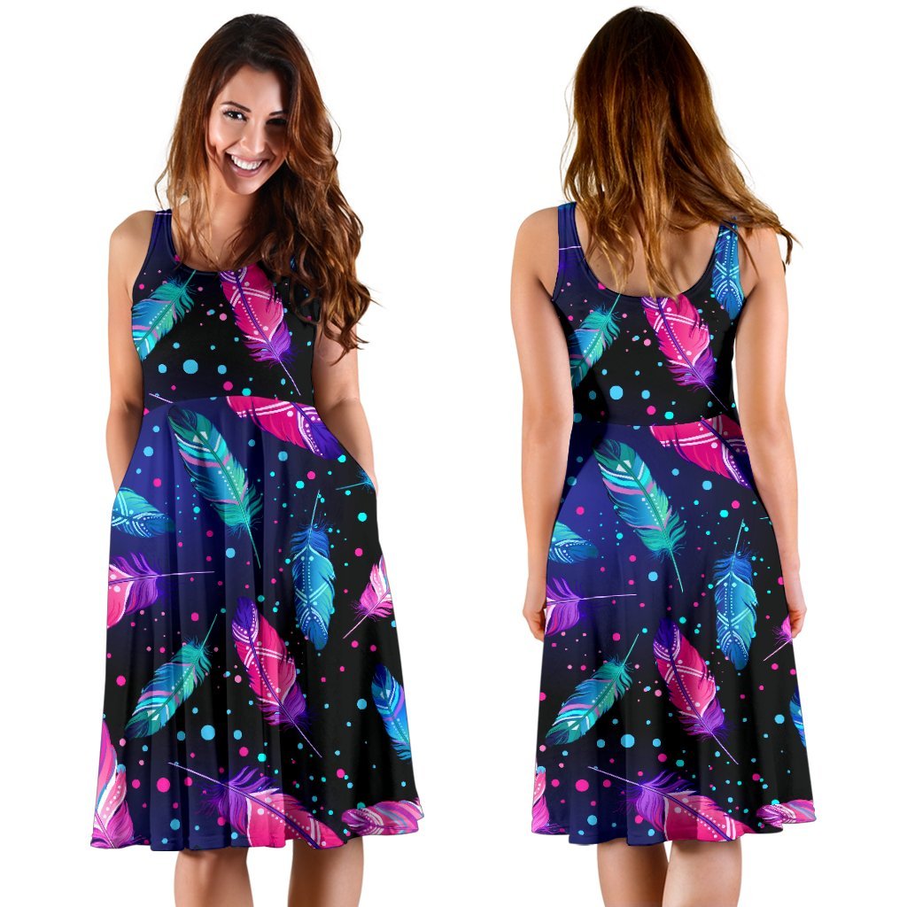 Feather Colorful Boho Design Print Sleeveless Dress