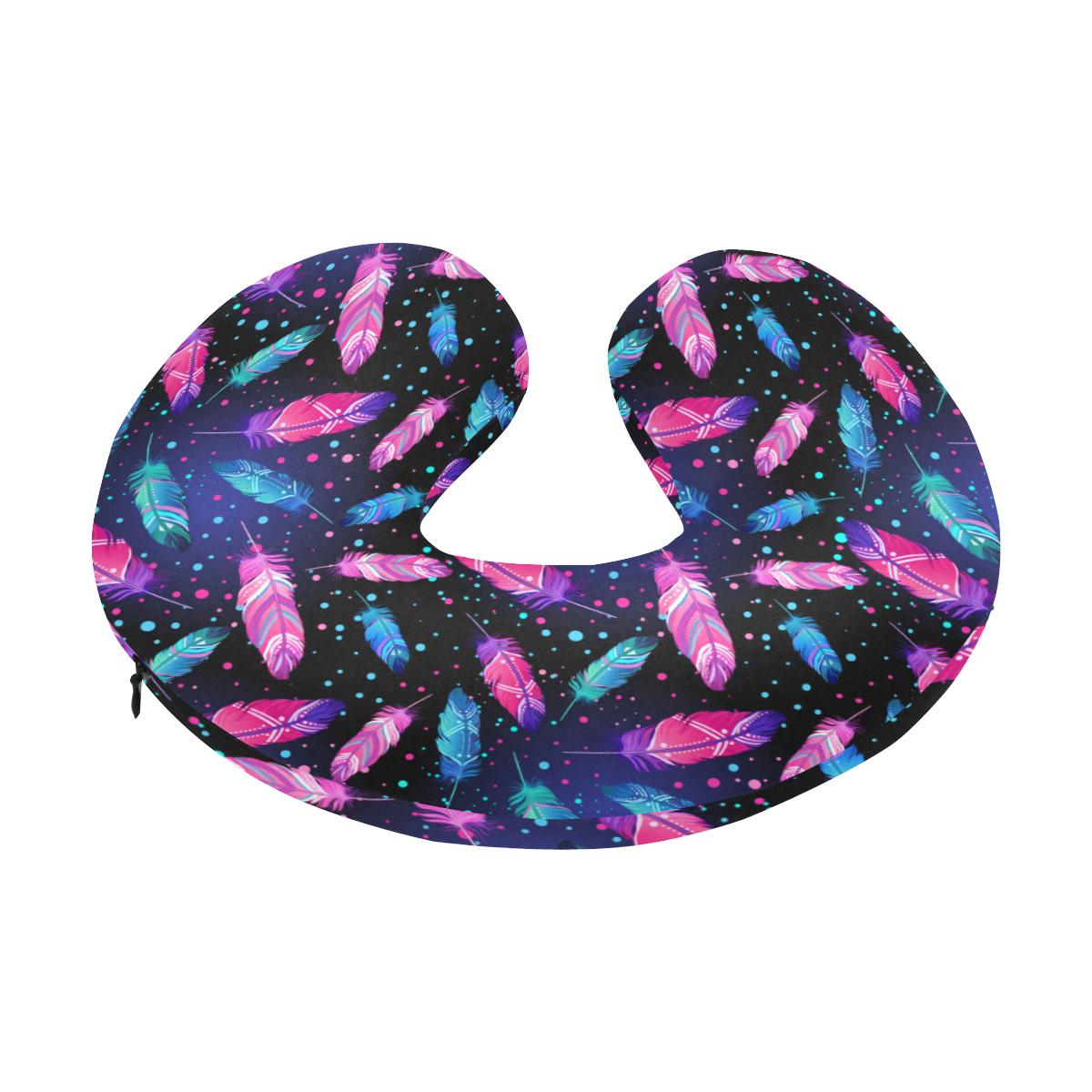 Feather Colorful Boho Design Print U-Shaped Travel Neck Pillow-JTAMIGO.COM
