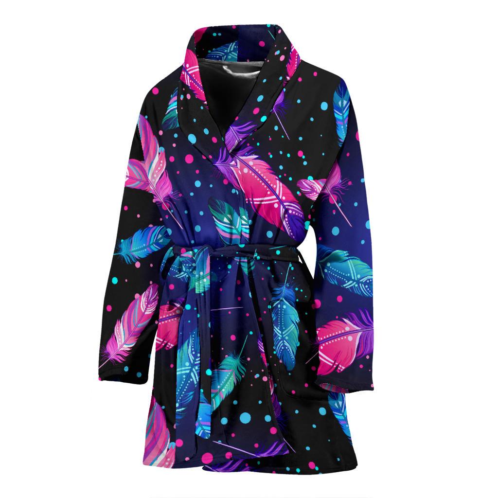 Feather Colorful Boho Design Print Women Bath Robe-JTAMIGO.COM