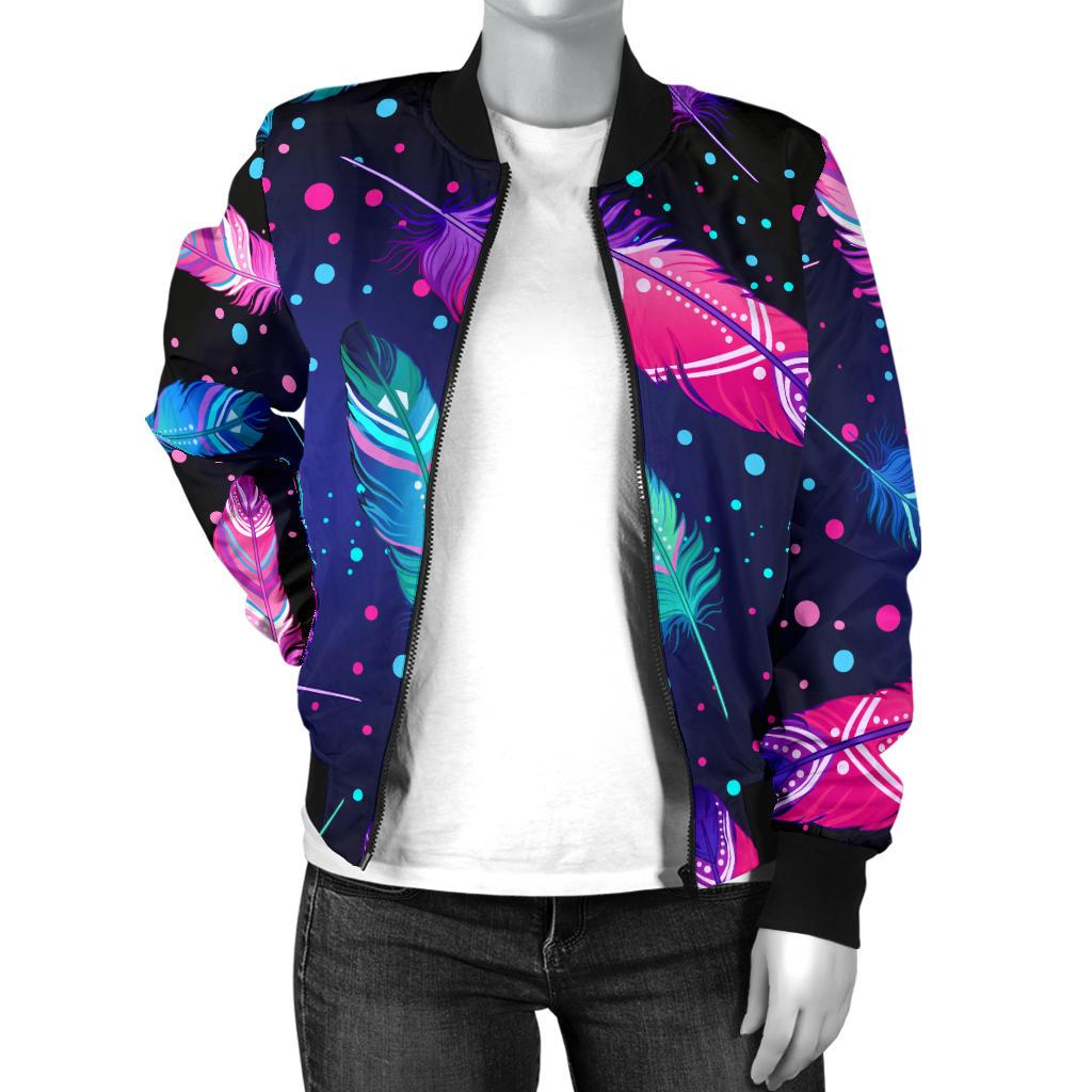 Feather Colorful Boho Design Print Women Casual Bomber Jacket