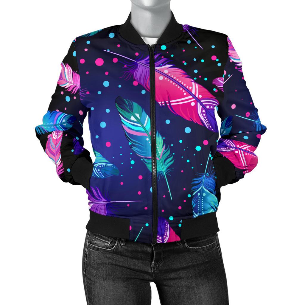 Feather Colorful Boho Design Print Women Casual Bomber Jacket