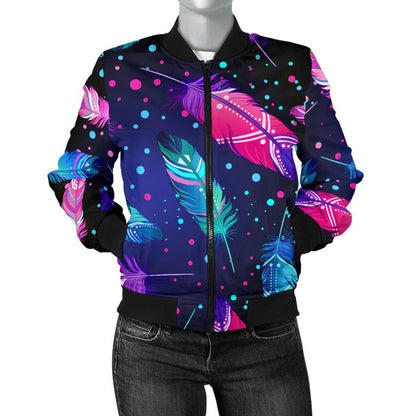 Feather Colorful Boho Design Print Women Casual Bomber Jacket