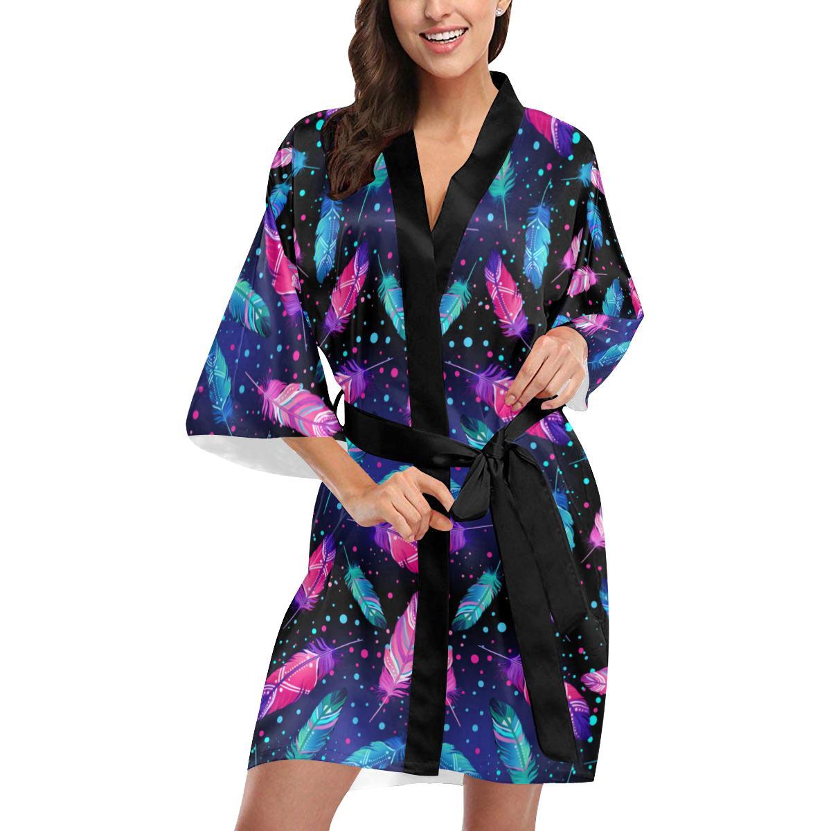 Feather Colorful Boho Design Print Women Short Kimono Robe
