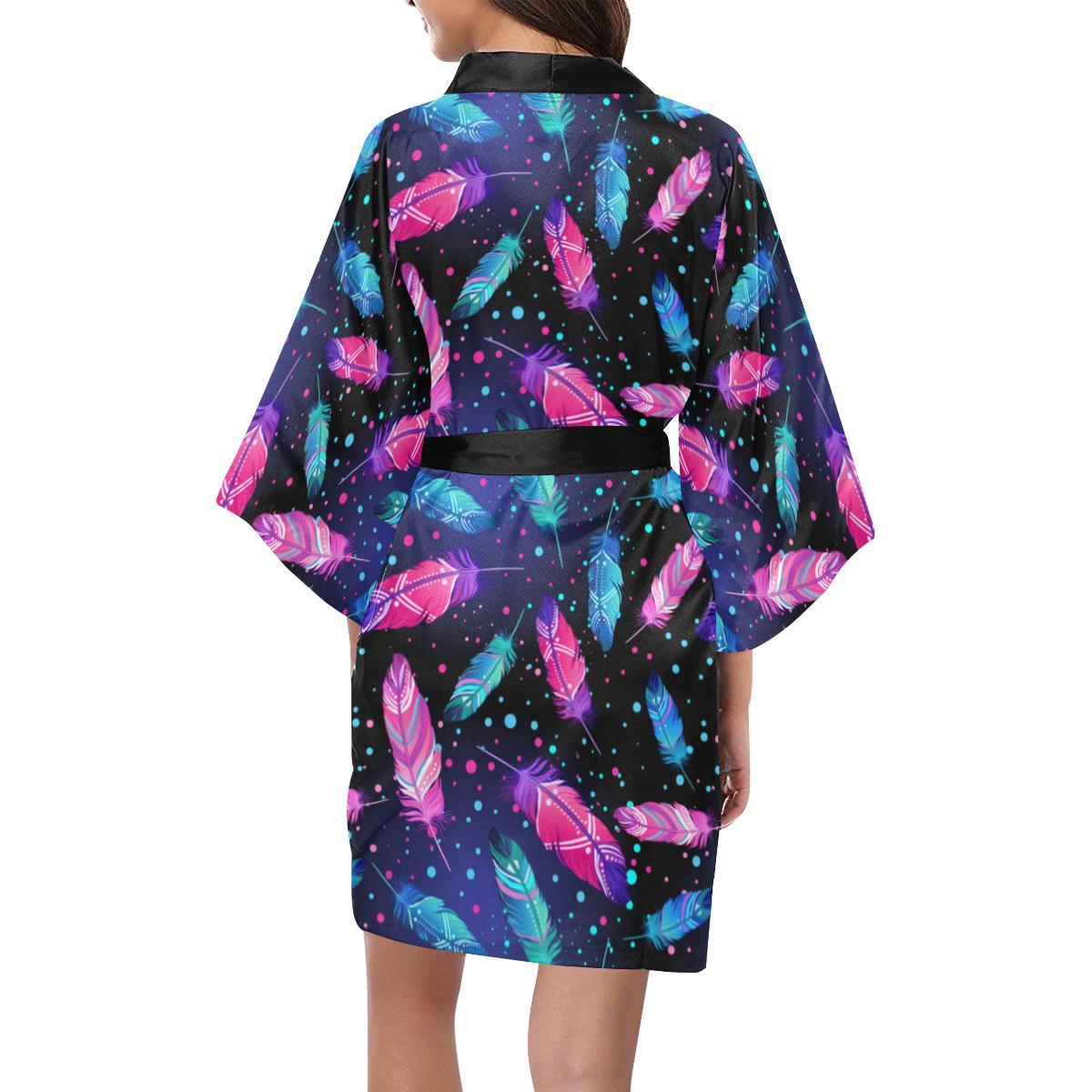 Feather Colorful Boho Design Print Women Short Kimono Robe