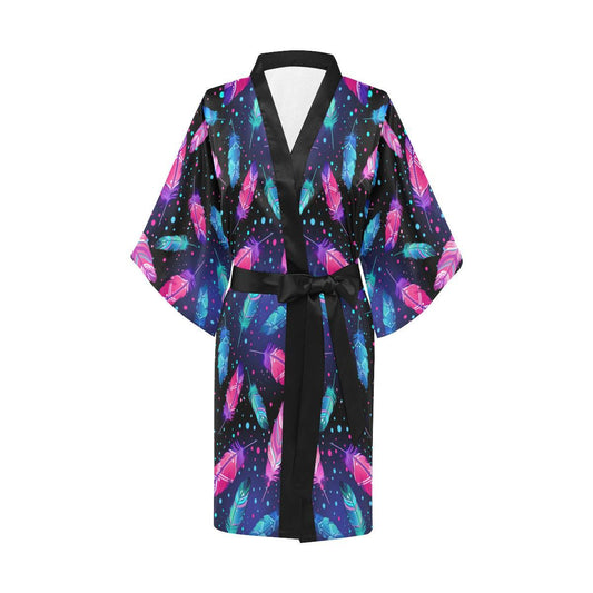 Feather Colorful Boho Design Print Women Short Kimono Robe