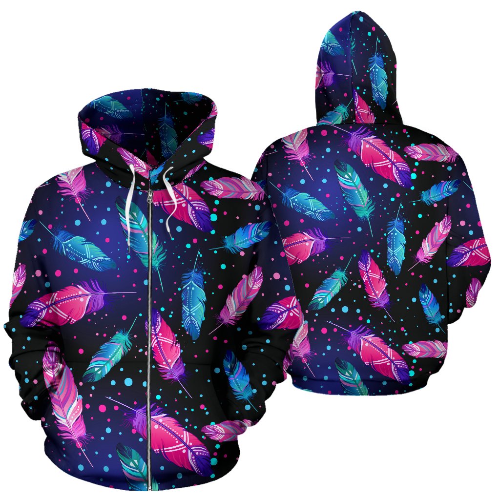 Feather Colorful Boho Design Print Zip Up Hoodie