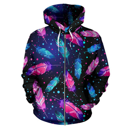 Feather Colorful Boho Design Print Zip Up Hoodie