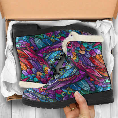 Feather Multicolor Design Print Faux Fur Leather Boots-JTAMIGO.COM