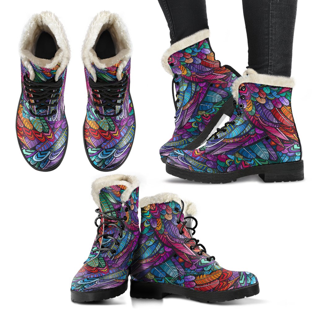 Feather Multicolor Design Print Faux Fur Leather Boots-JTAMIGO.COM