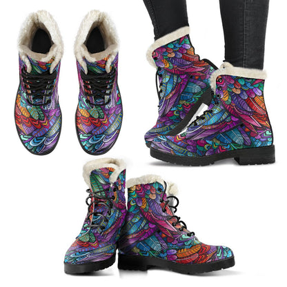 Feather Multicolor Design Print Faux Fur Leather Boots-JTAMIGO.COM