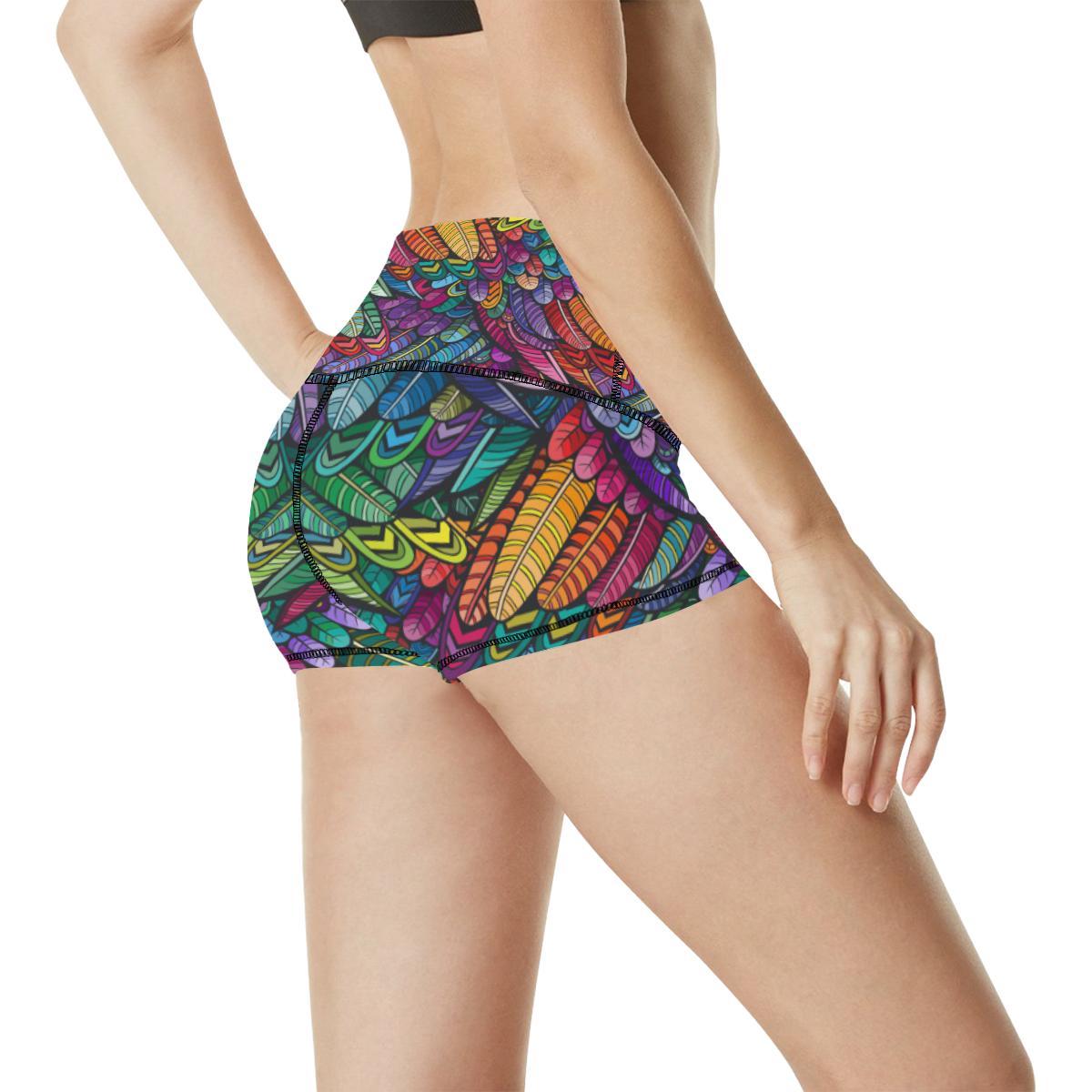 Feather Multicolor Design Print High Waisted Spandex Shorts-JTAMIGO.COM
