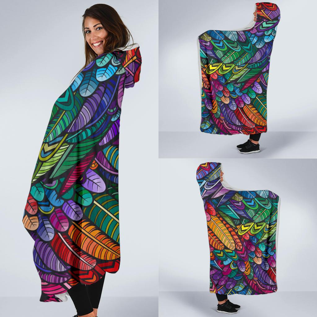 Feather Multicolor Design Print Hooded Blanket-JTAMIGO.COM