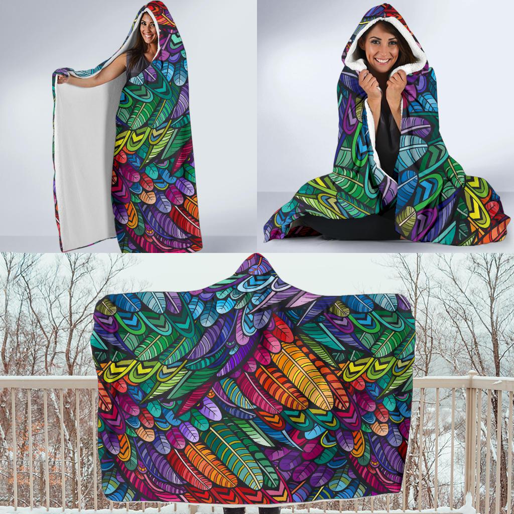 Feather Multicolor Design Print Hooded Blanket-JTAMIGO.COM